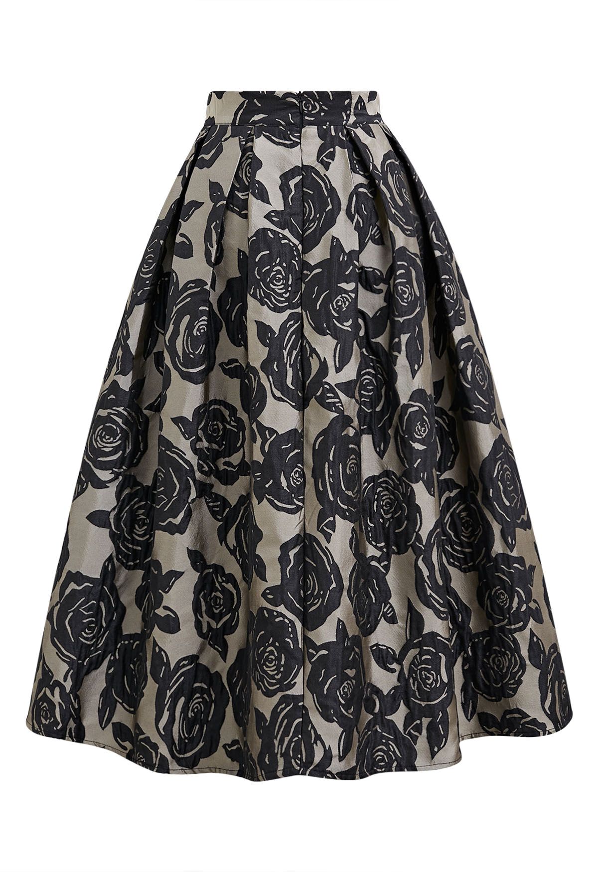 Embossed Rose Jacquard A-Line Pleated Midi Skirt in Black