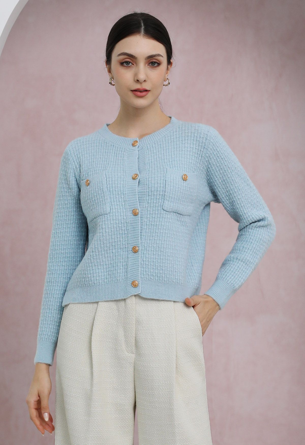 Embossed Dots Patch Pocket Buttoned Knit Cardigan in Baby Blue