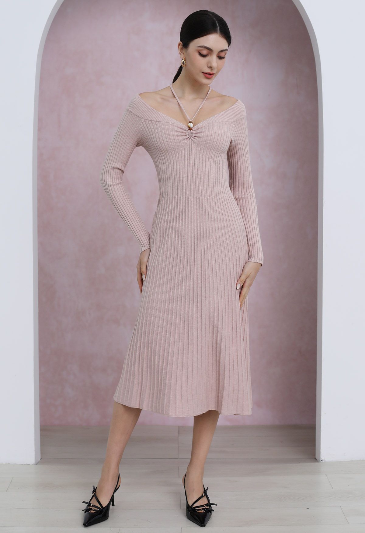 Self-Tie Halter Off-Shoulder Ribbed Knit Midi Dress in Pink