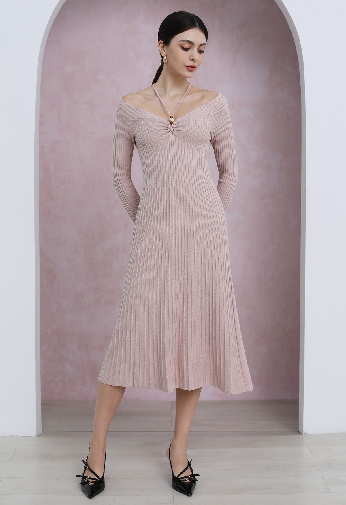 Self-Tie Halter Off-Shoulder Ribbed Knit Midi Dress in Pink