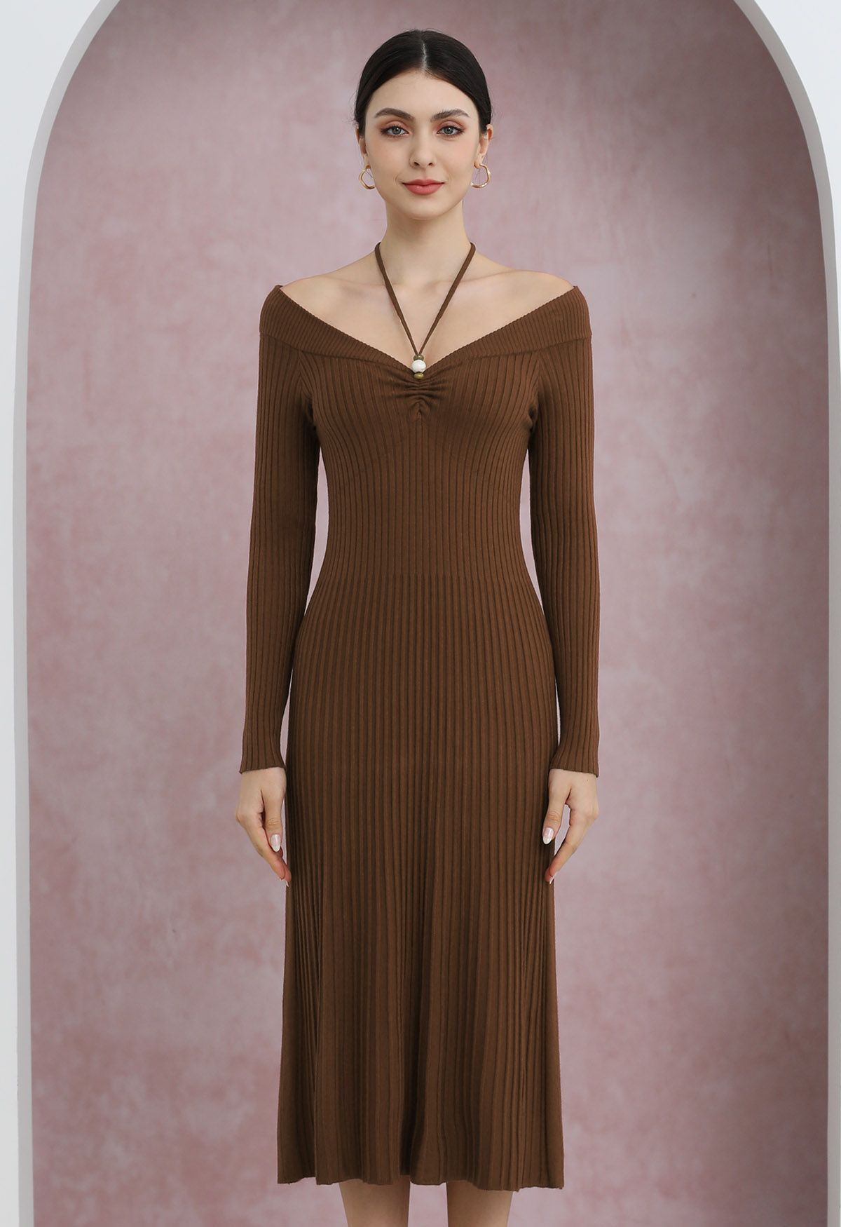 Self-Tie Halter Off-Shoulder Ribbed Knit Midi Dress in Caramel