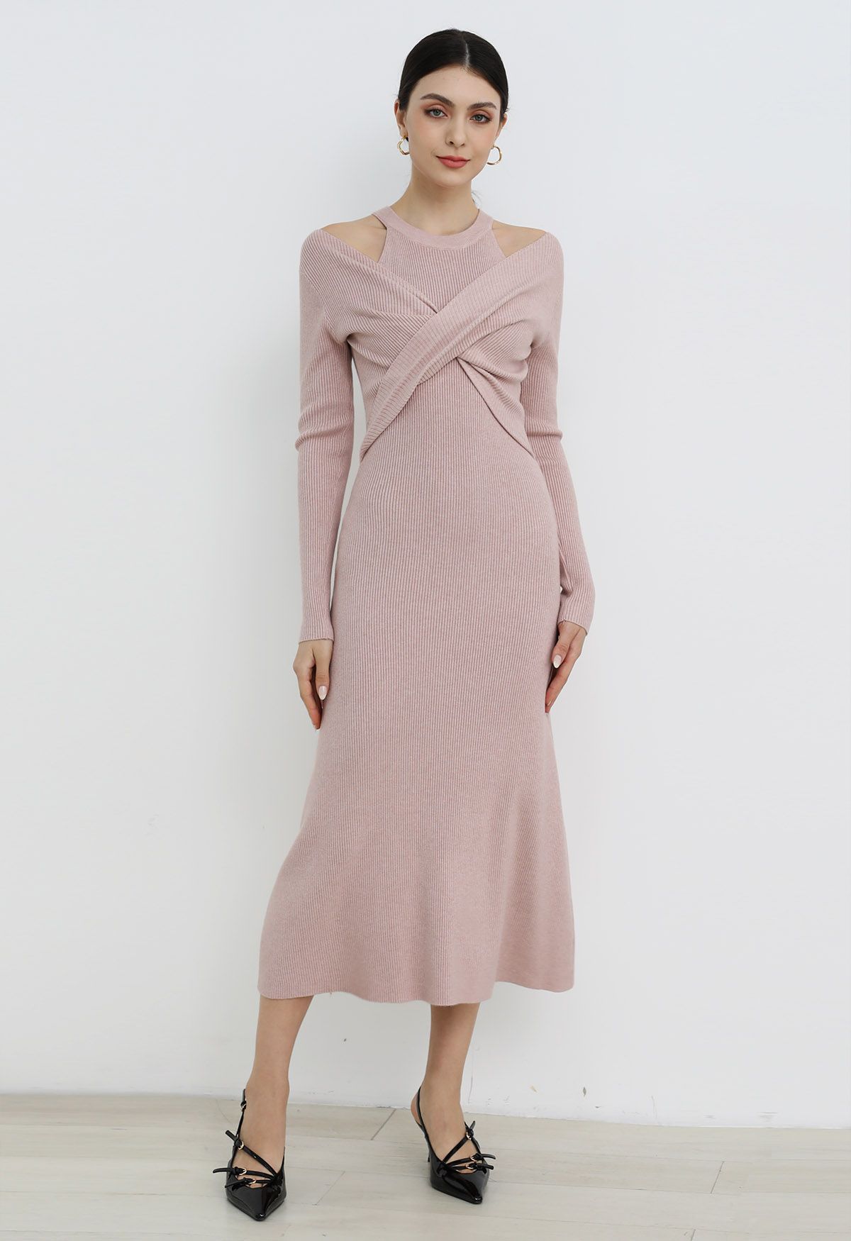 Cutout Shoulders Cross Front Knit Midi Dress in Pink