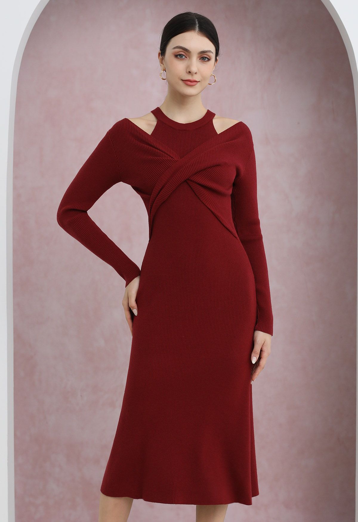 Cutout Shoulders Cross Front Knit Midi Dress in Red