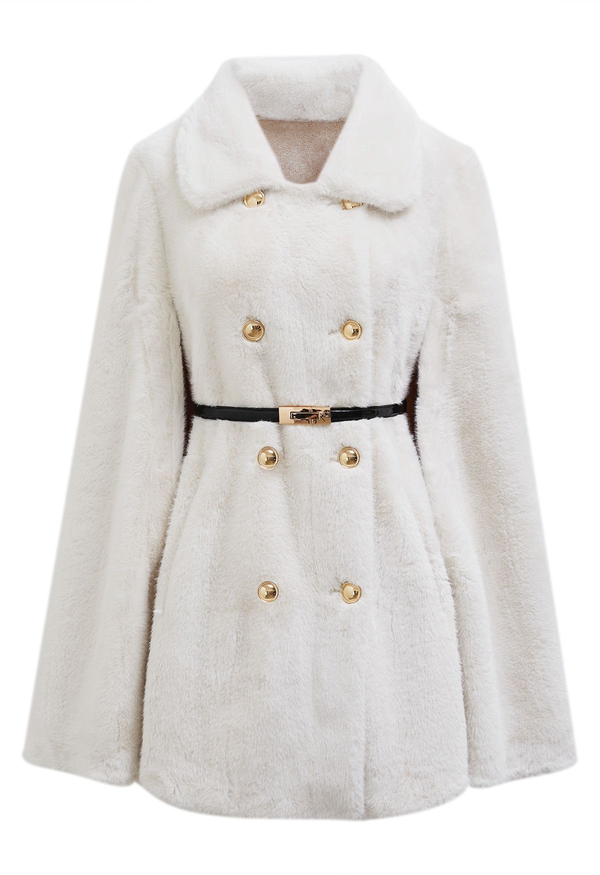 Collared Double-Breasted Faux Fur Cape Coat in Ivory