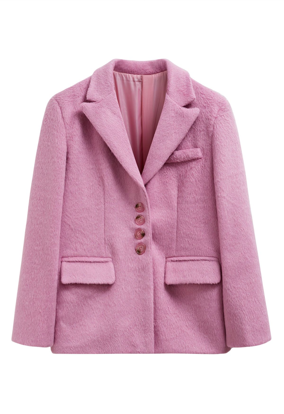 Peak Lapel Buttoned Faux Fur Blazer Coat in Candy Pink