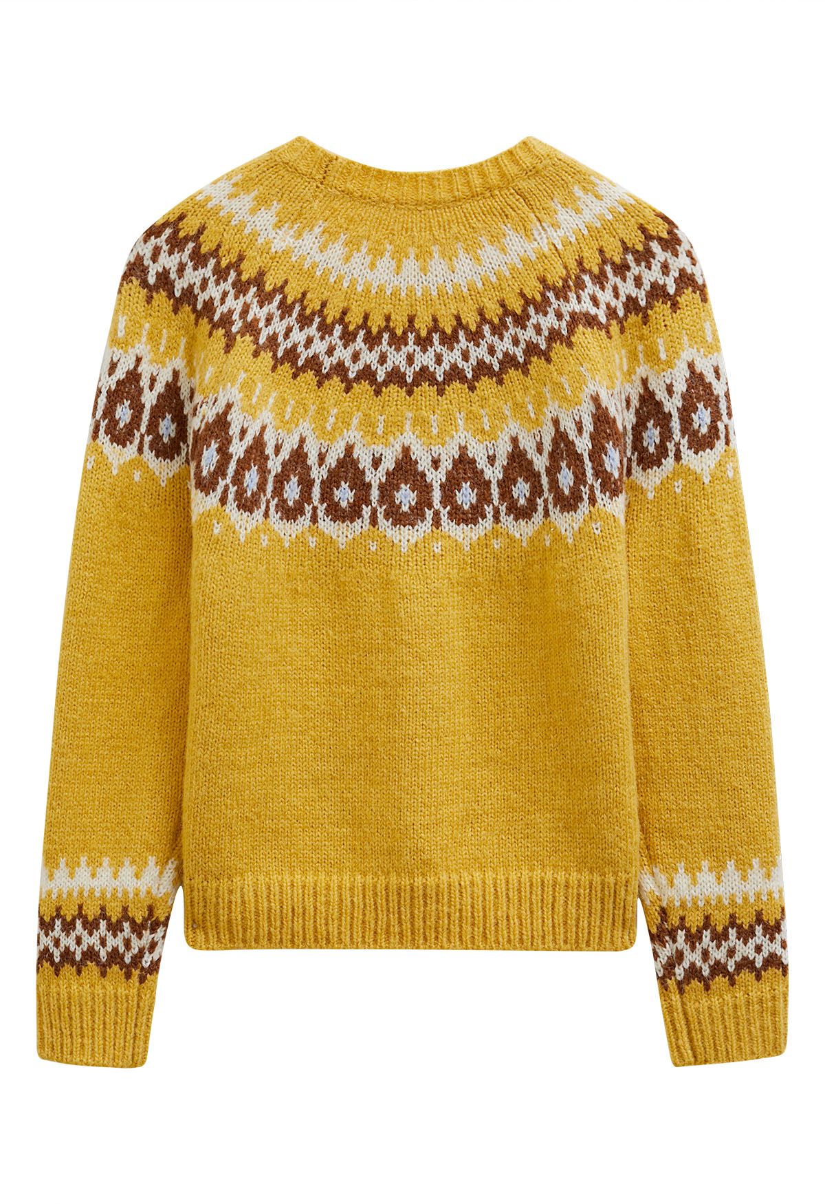 Playful Waterdrop Fair Isle Knit Sweater in Yellow