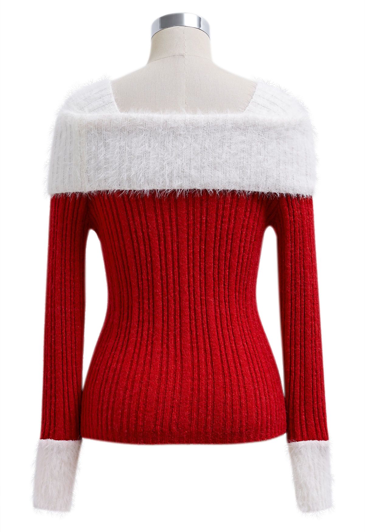 Contrast Fuzzy Folded Shoulder Button Knit Top in Red