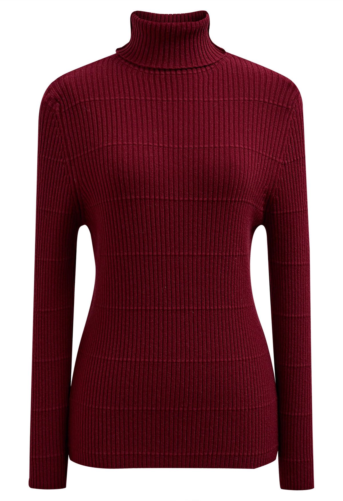 Softness Turtleneck Ribbed Texture Knit Top in Burgundy