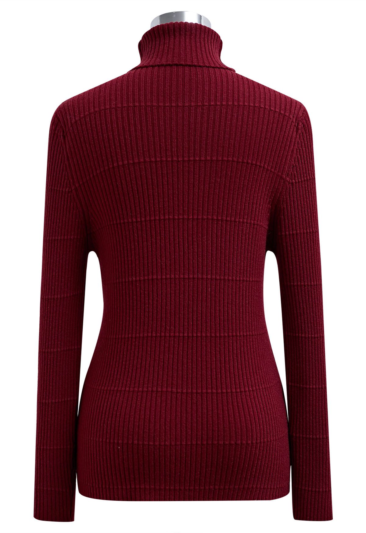 Softness Turtleneck Ribbed Texture Knit Top in Burgundy