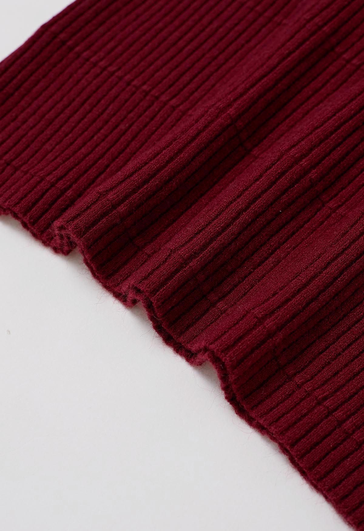 Softness Turtleneck Ribbed Texture Knit Top in Burgundy