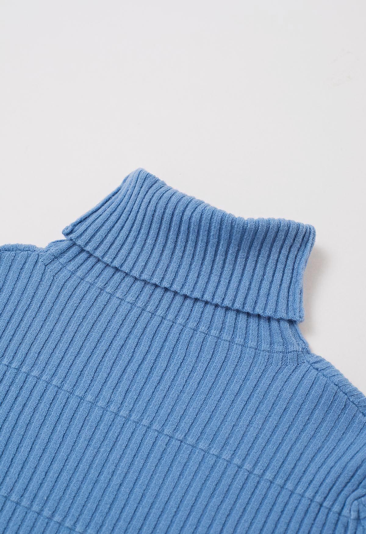 Softness Turtleneck Ribbed Texture Knit Top in Blue