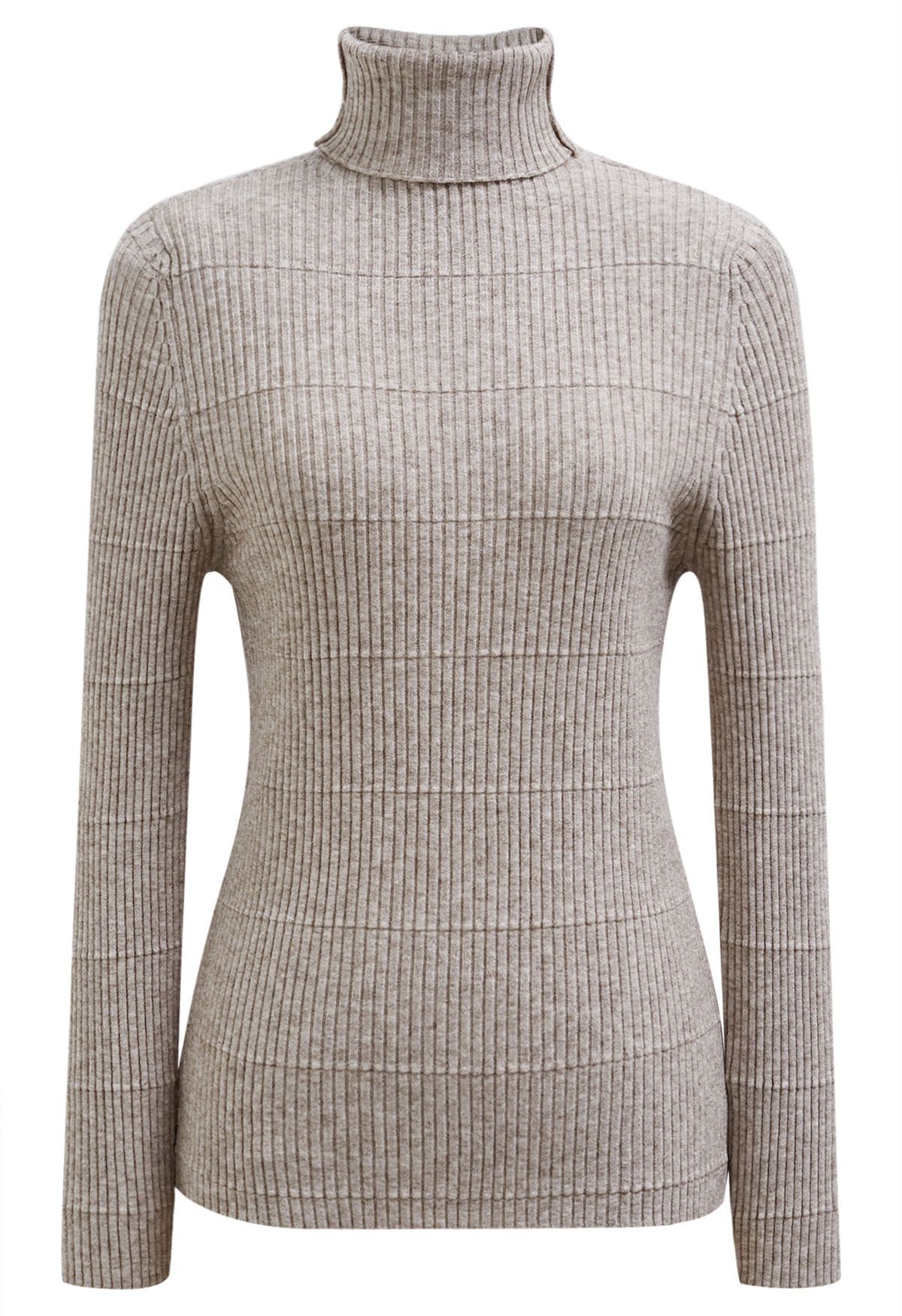 Softness Turtleneck Ribbed Texture Knit Top in Oatmeal