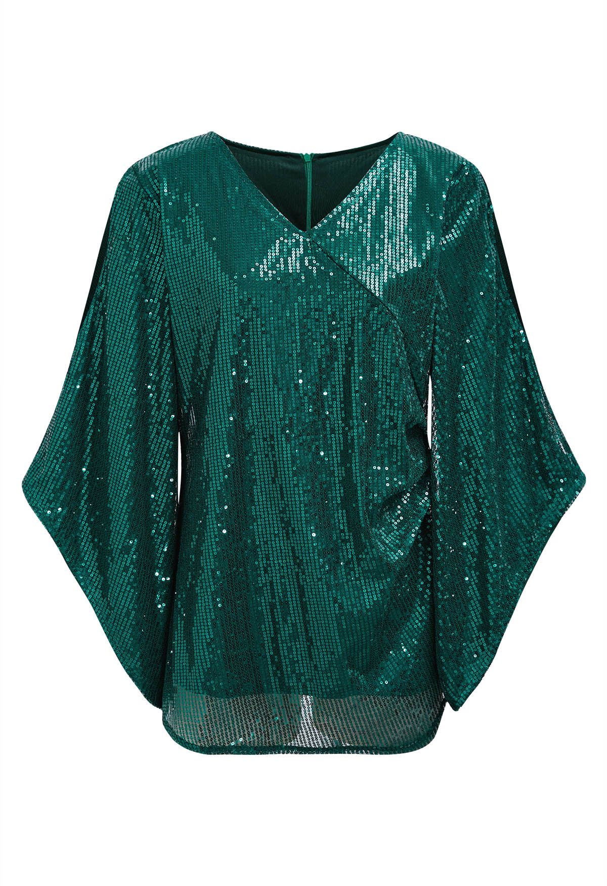 Stunning Sequin Split Sleeves V-Neck Mesh Top