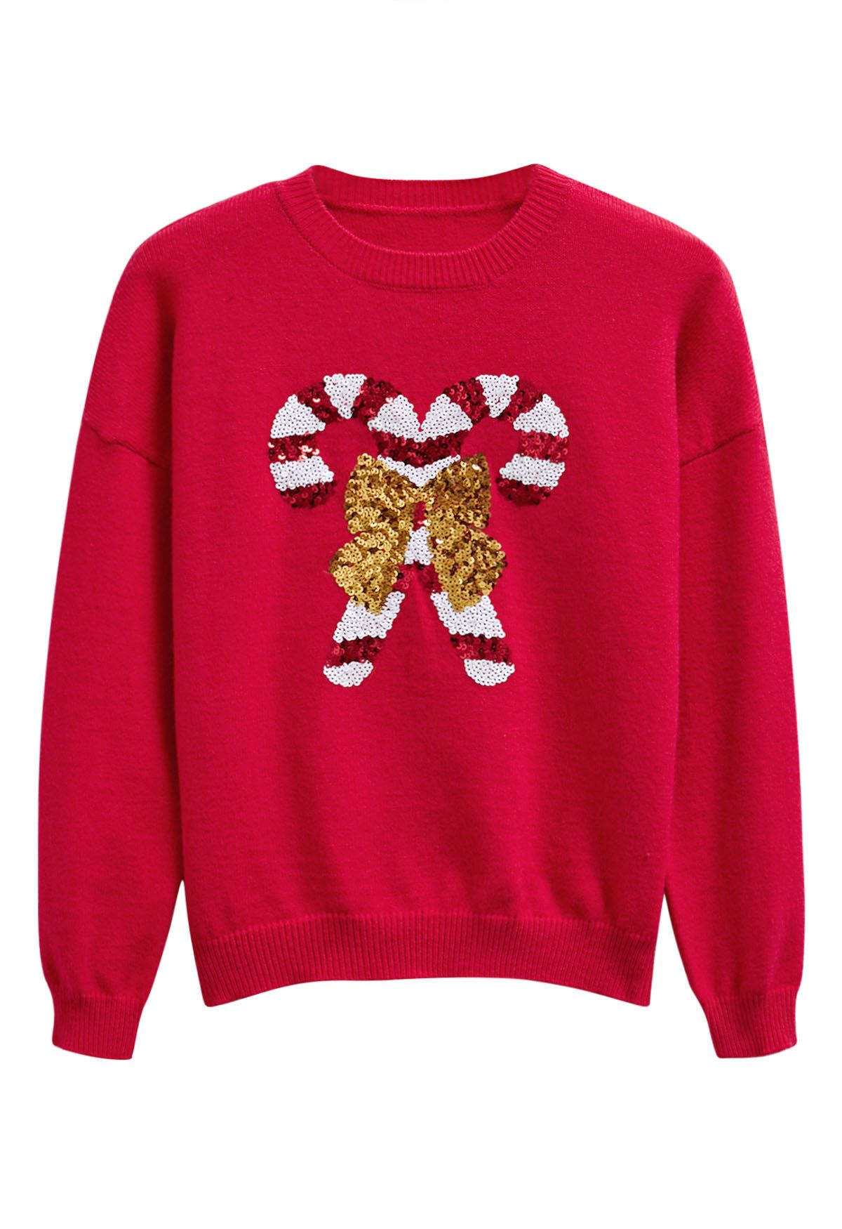 Sequin Bowknot Candy Cane Knit Sweater in Red