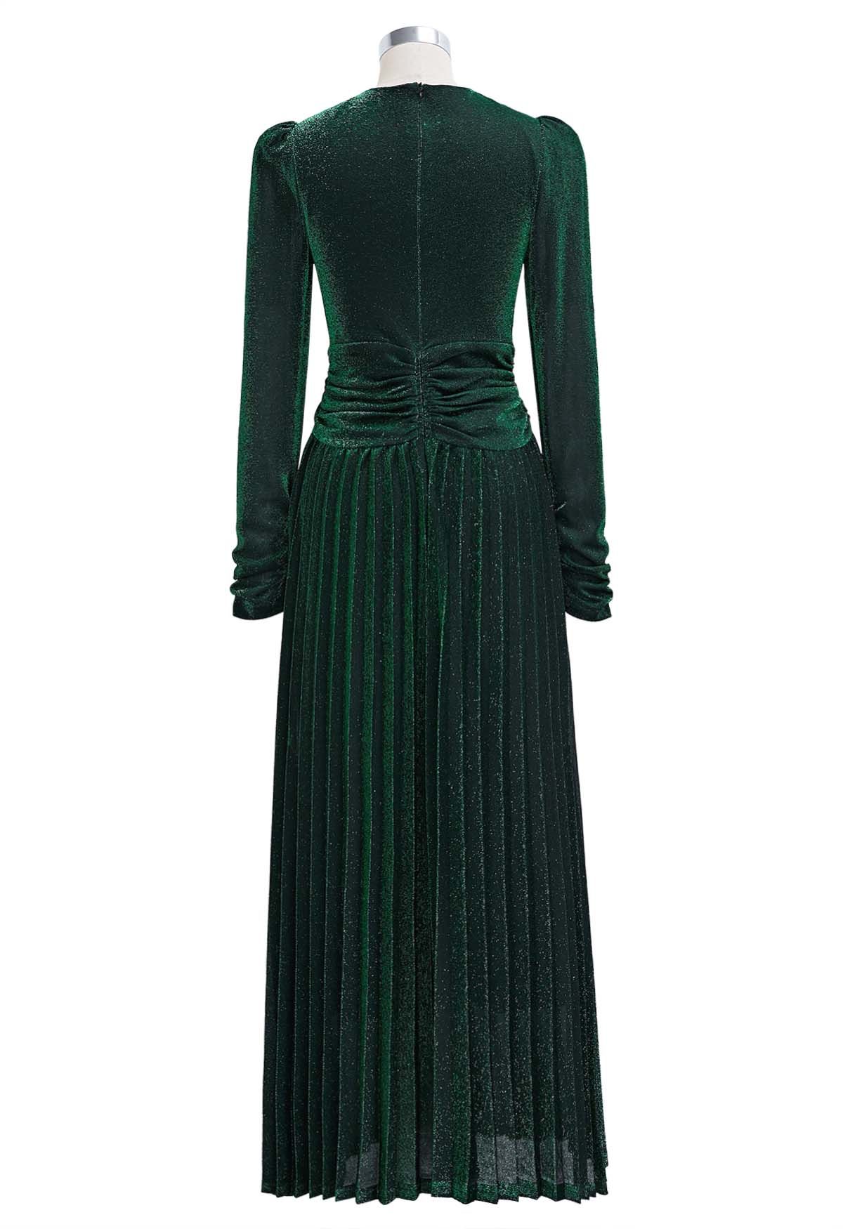 Glistening Twisted Front Pleated Maxi Dress in Emerald