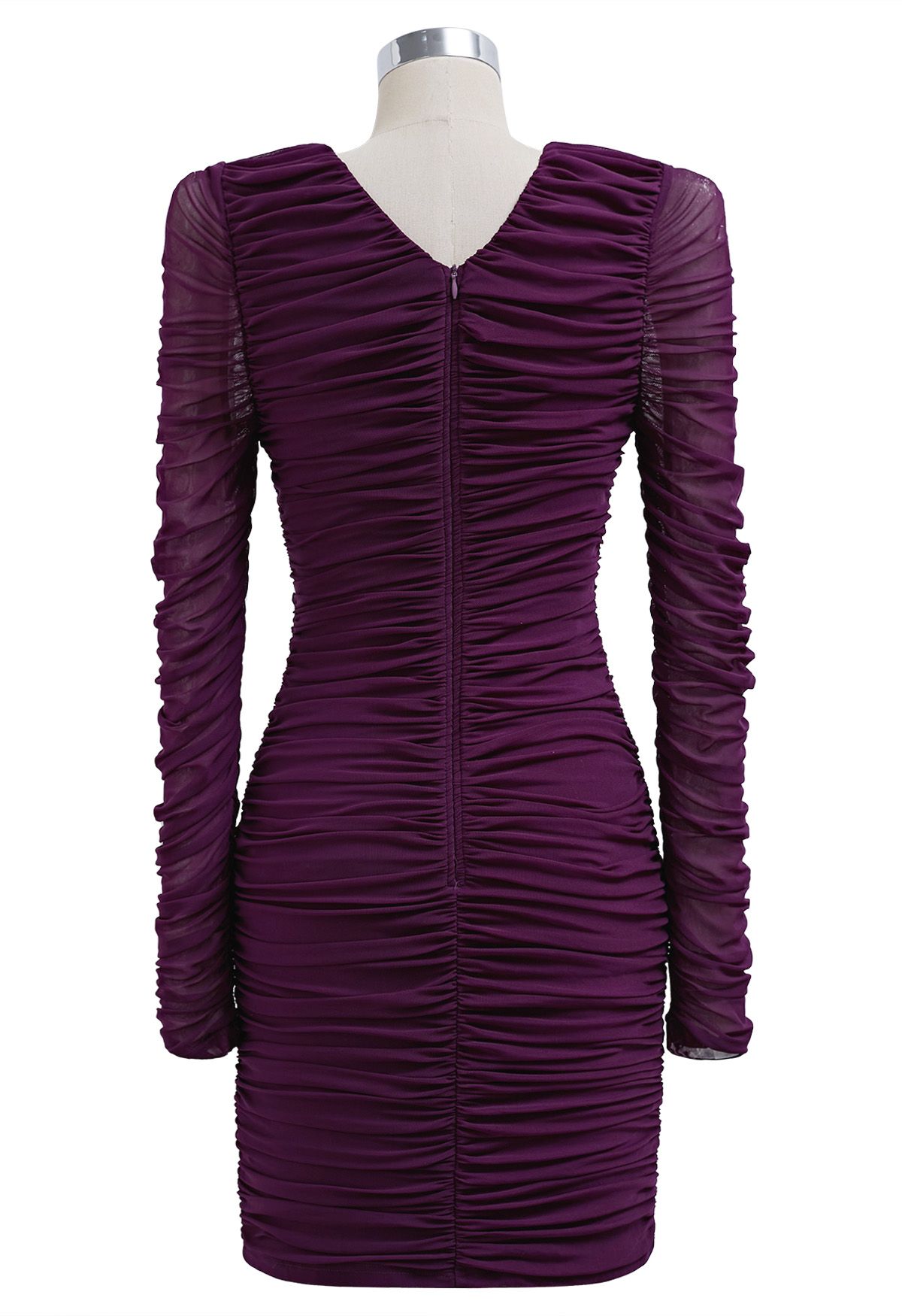 Illusion Plum Ruched Sheer Sleeve Mini Dress