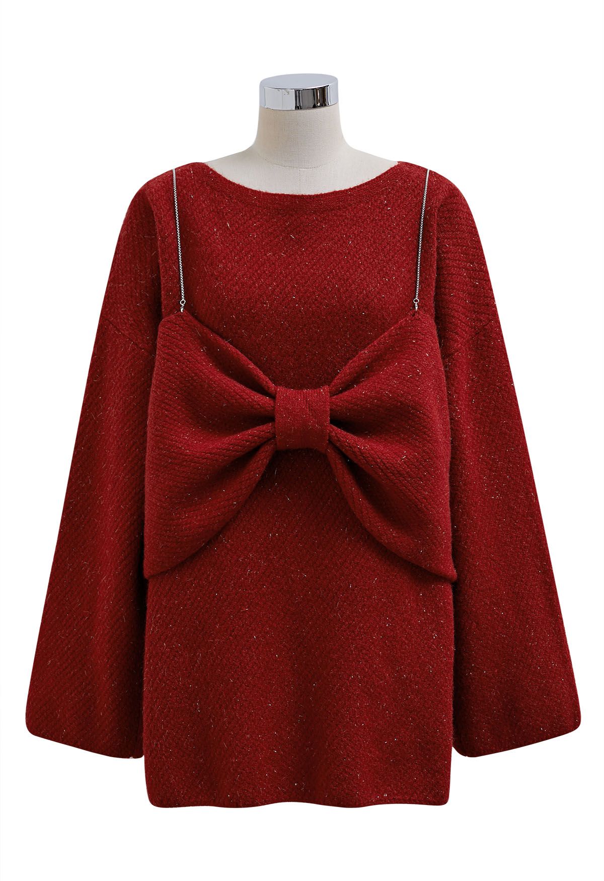 Bowknot 2 Pieces Metallic Mix Knit Sweater Dress in Red