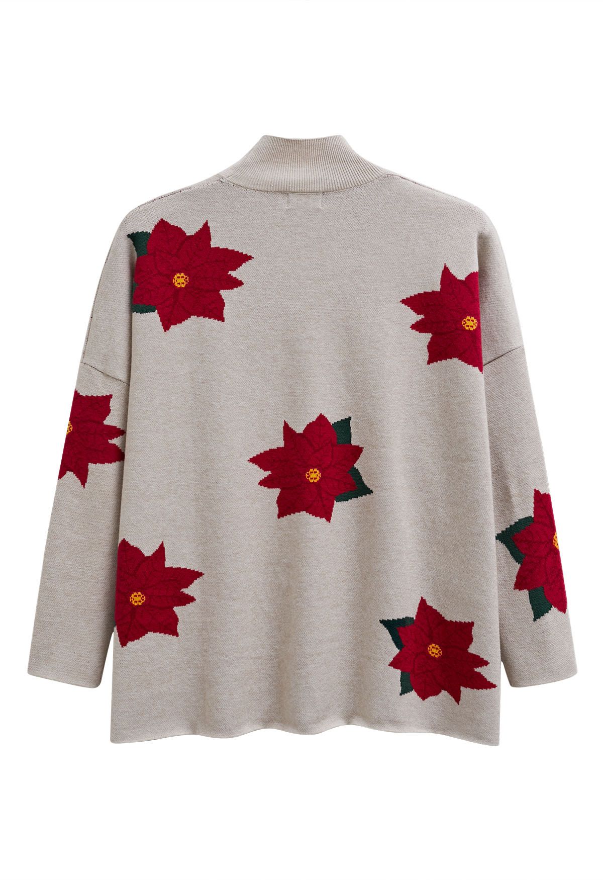 Christmas Poinsettia Mock Neck Oversized Knit Sweater