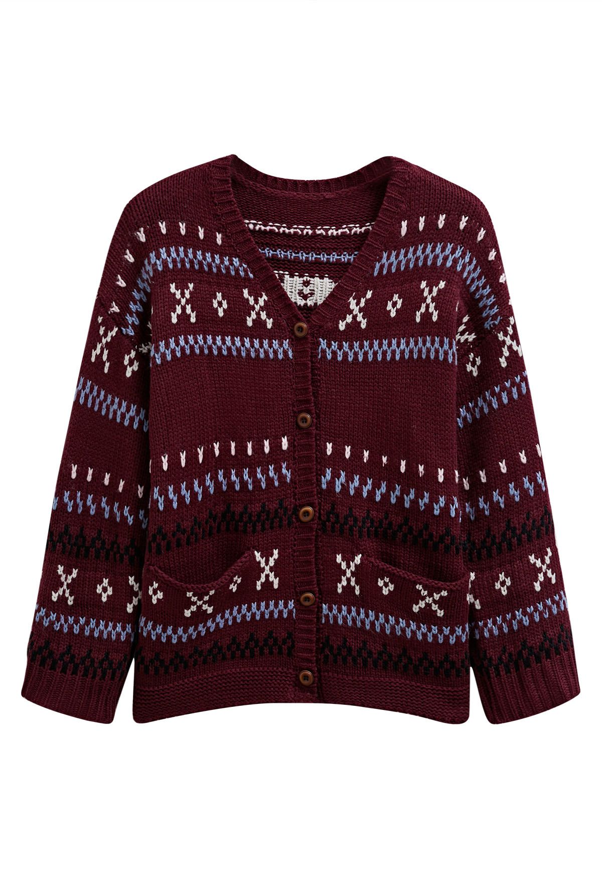 Cozy Fair Isle Button Down Knit Cardigan in Burgundy