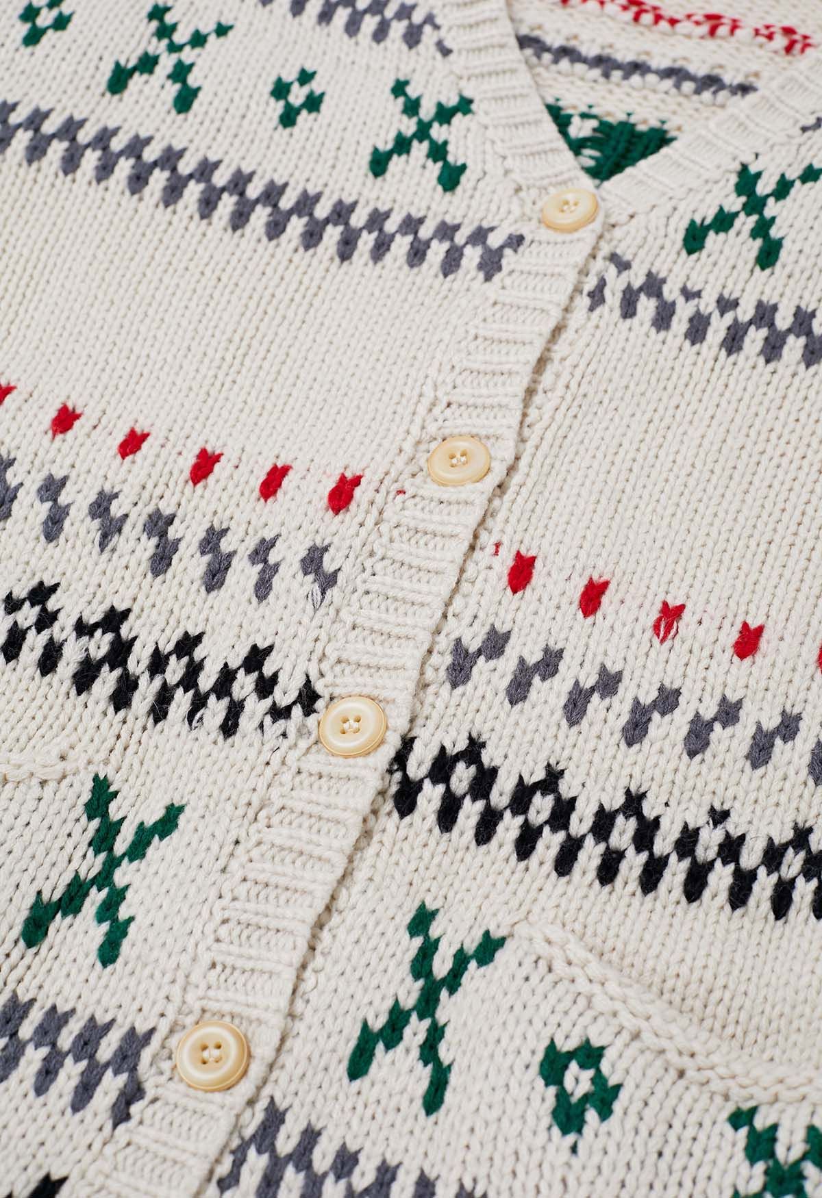 Cozy Fair Isle Button Down Knit Cardigan in Ivory