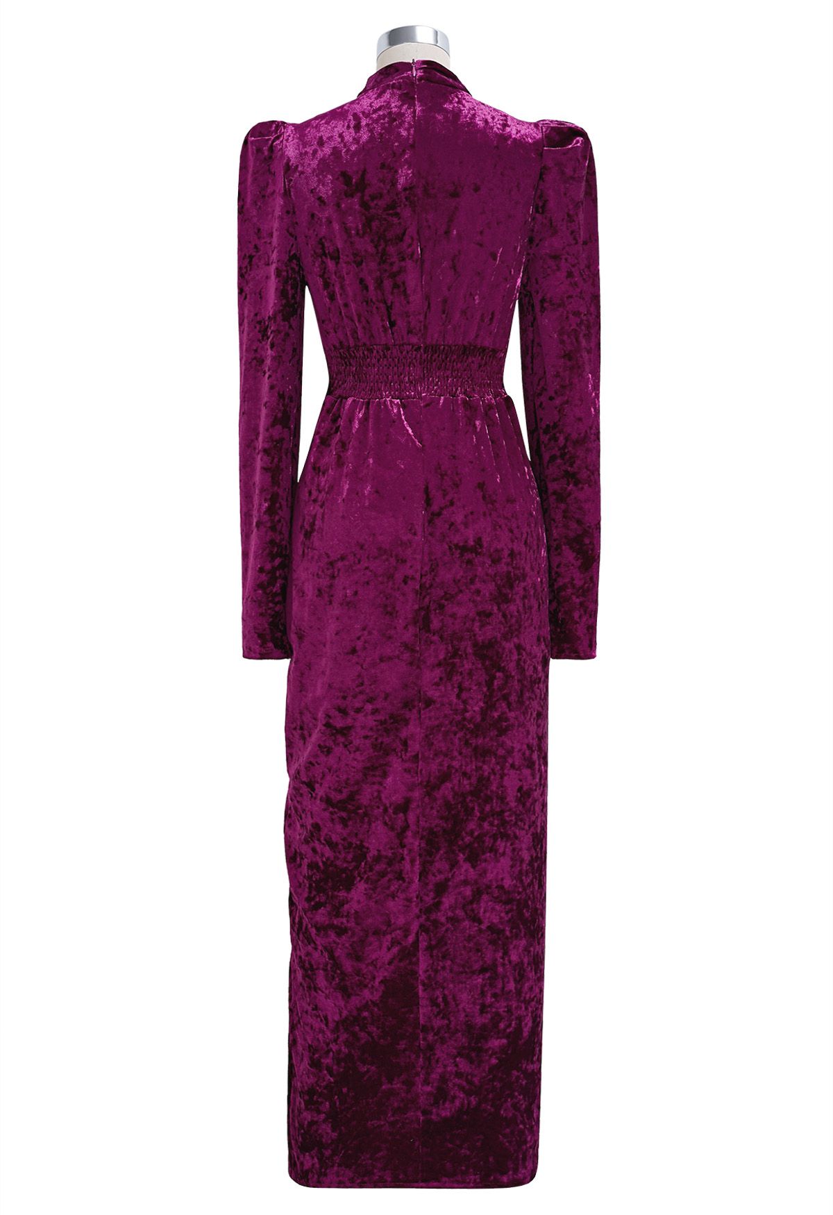 Choker Neck Button Ruched Velvet Midi Dress in Berry