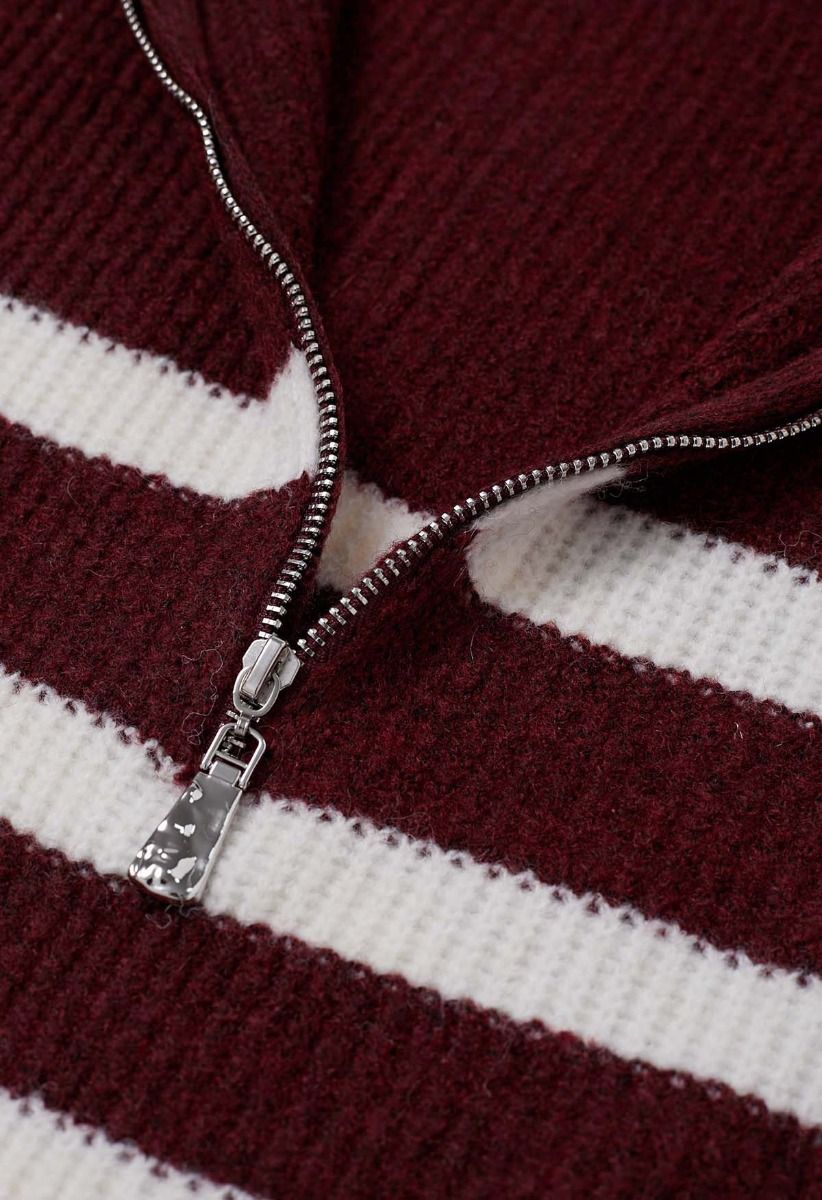 Burgundy Stripes Half-Zip Sweater and Pants Set