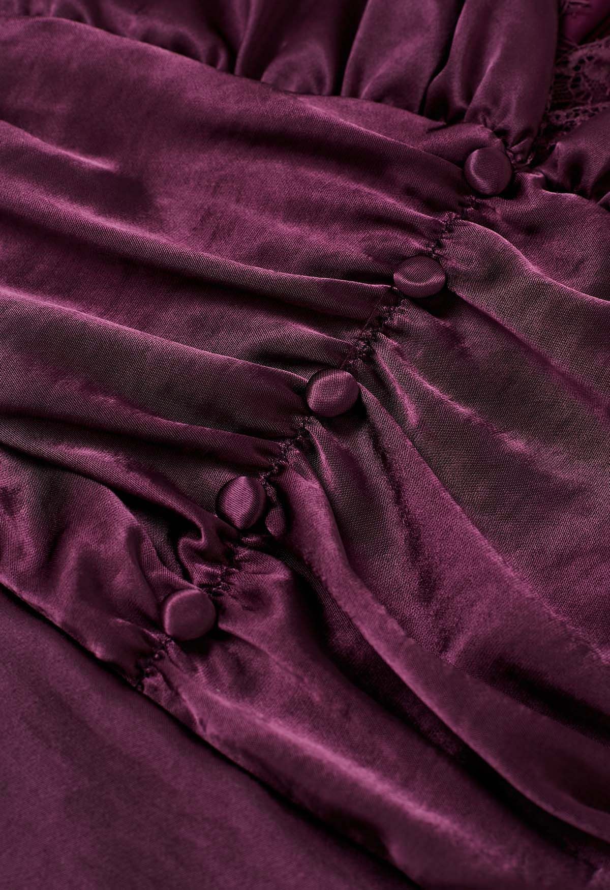 Lace Trim Ruched High Waist Satin Midi Dress in Plum