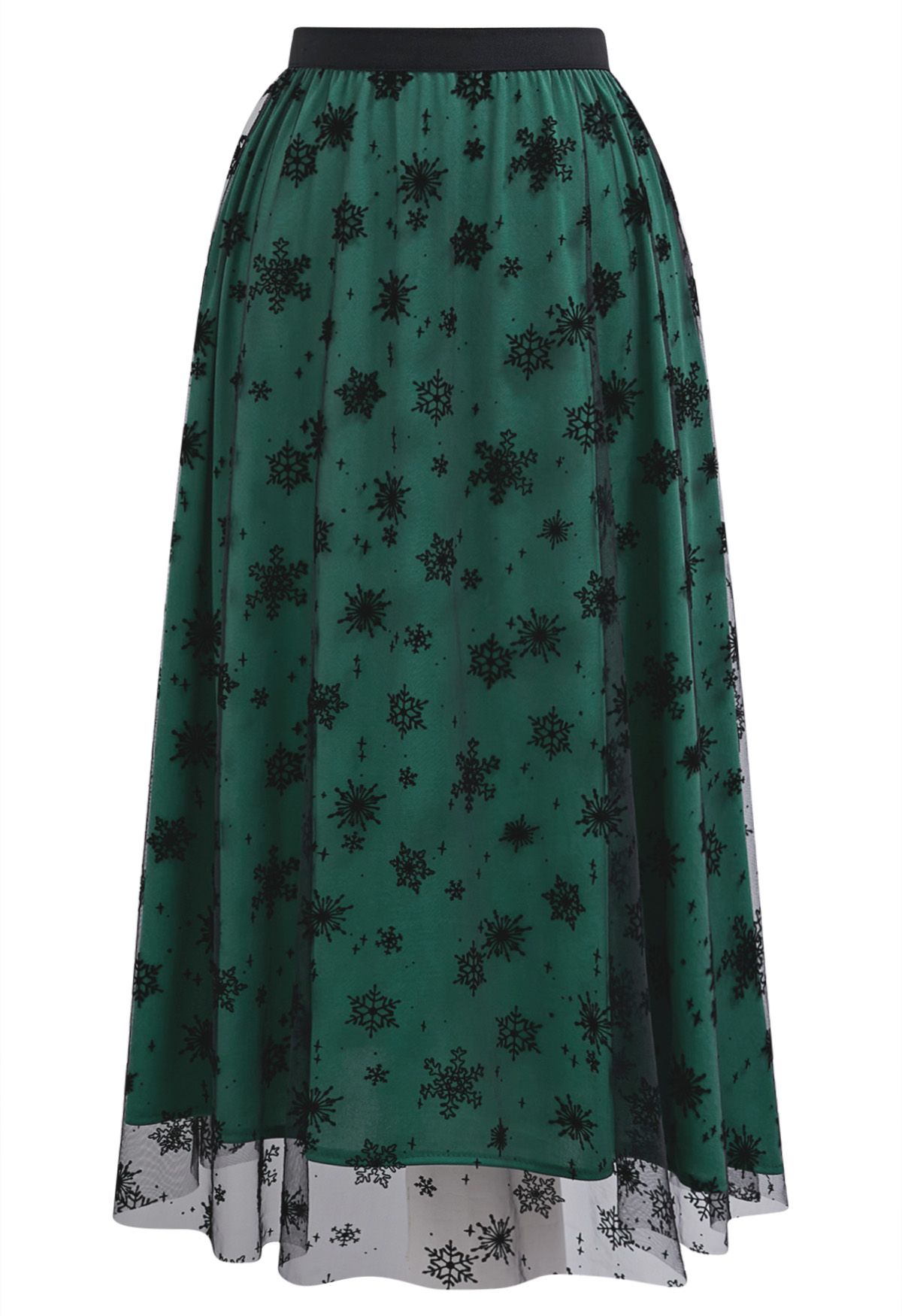 Falling Snowflake Mesh Tulle Midi Skirt in Dark Green