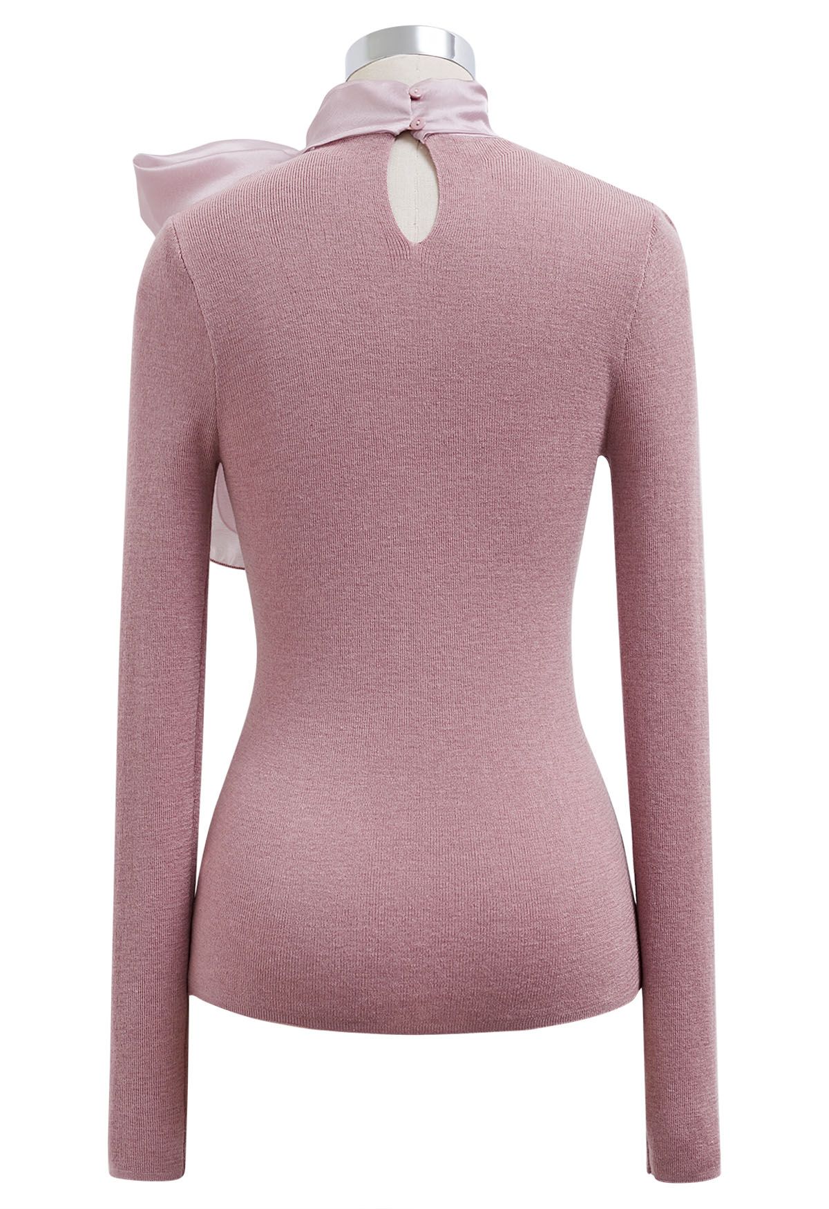 Organza Bowknot Neckline Knit Top in Dusty Pink