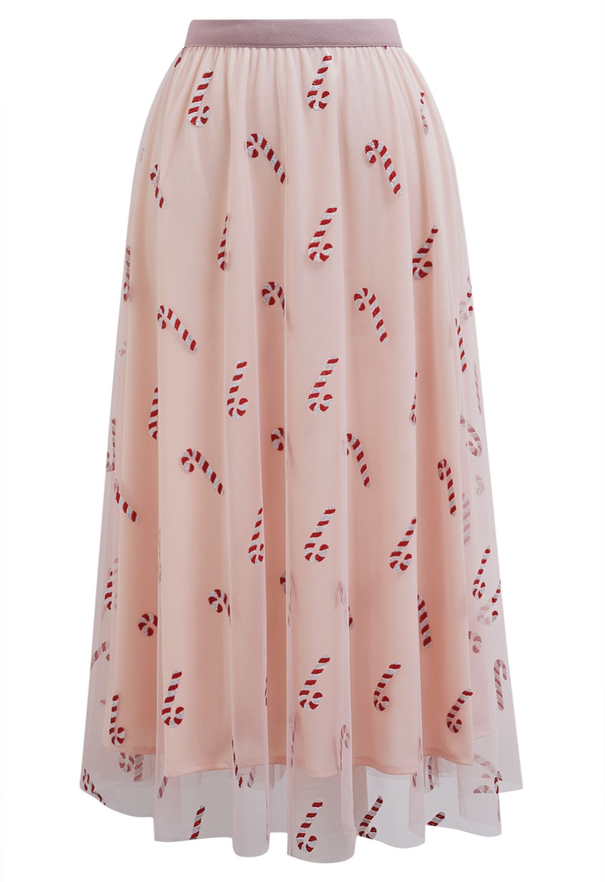 Shimmer Candy Cane Mesh Tulle Midi Skirt in Pink