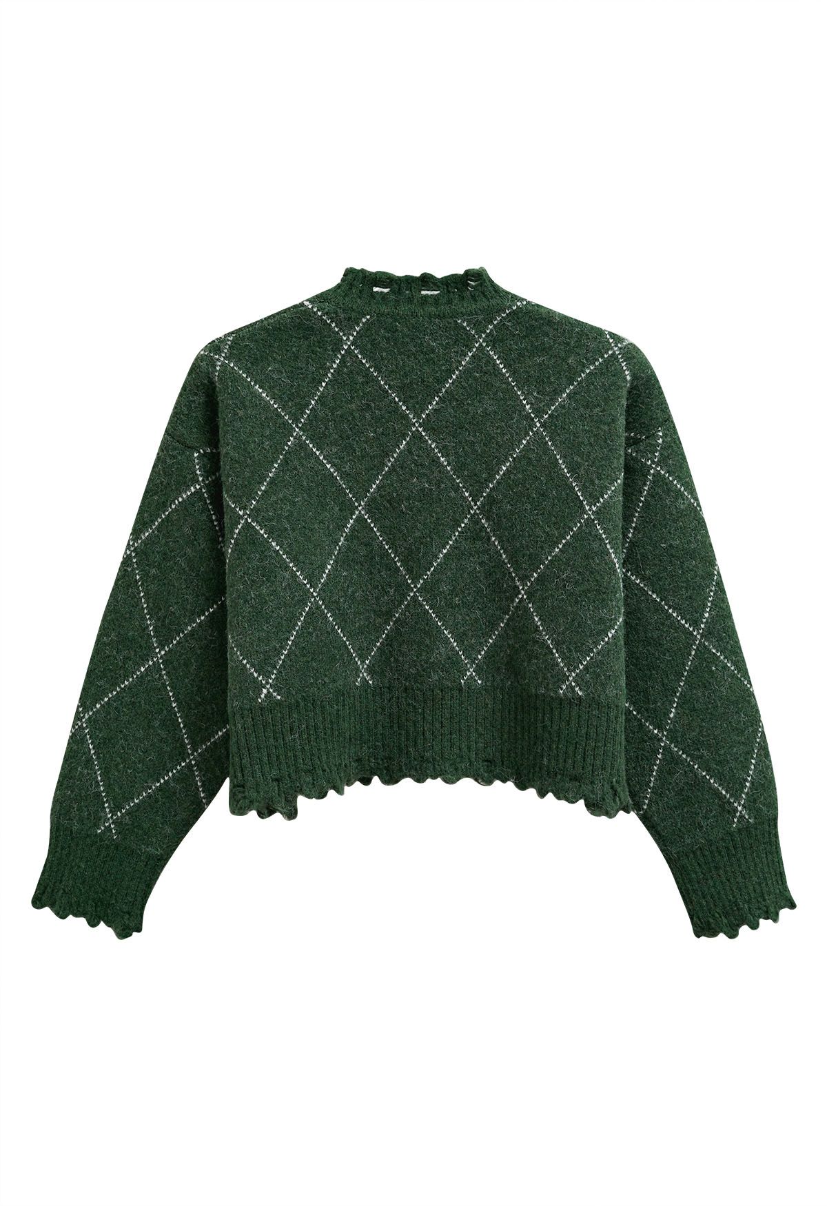 Argyle Pattern Frayed Edge Buttoned Crop Cardigan in Dark Green