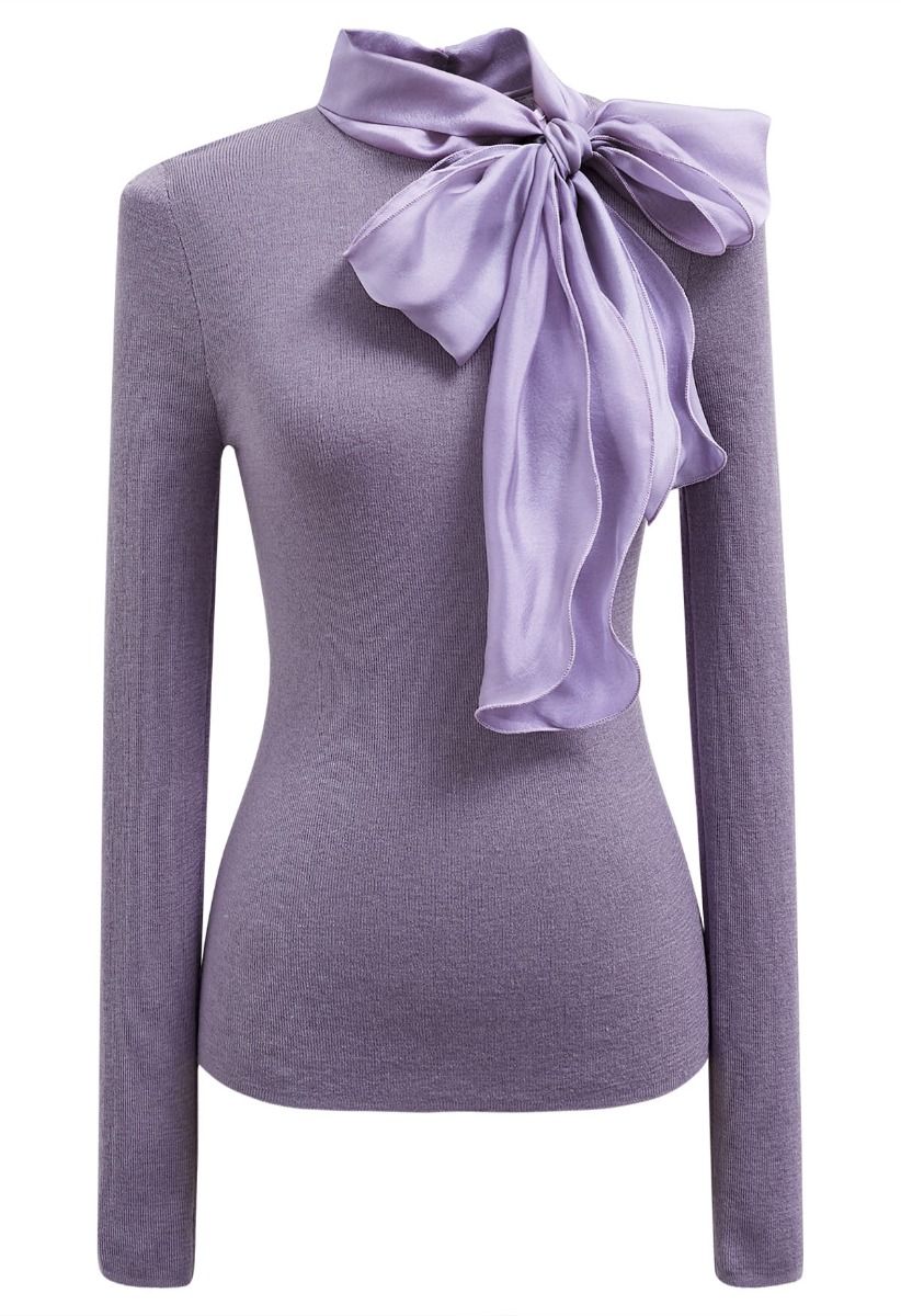 Organza Bowknot Neckline Knit Top in Lilac