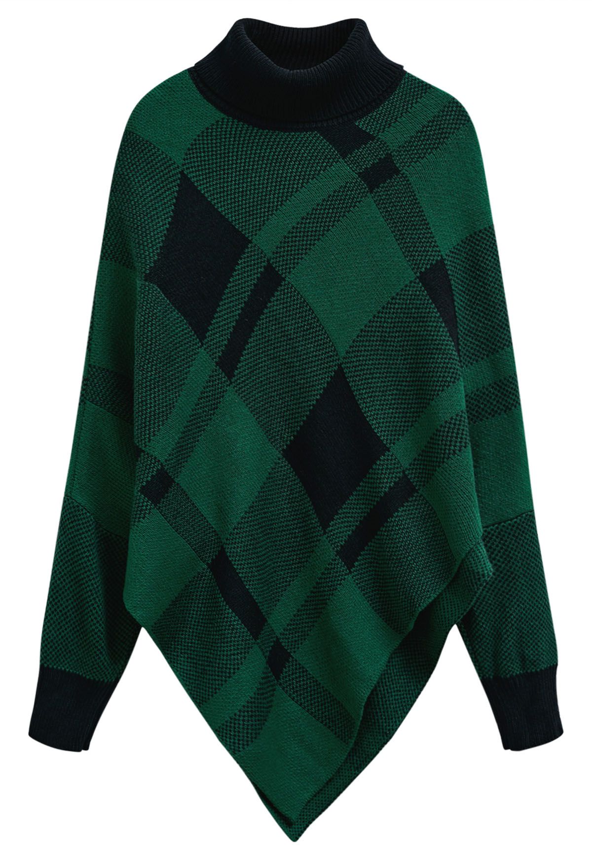 Festive Plaid Turtleneck Knit Poncho in Green