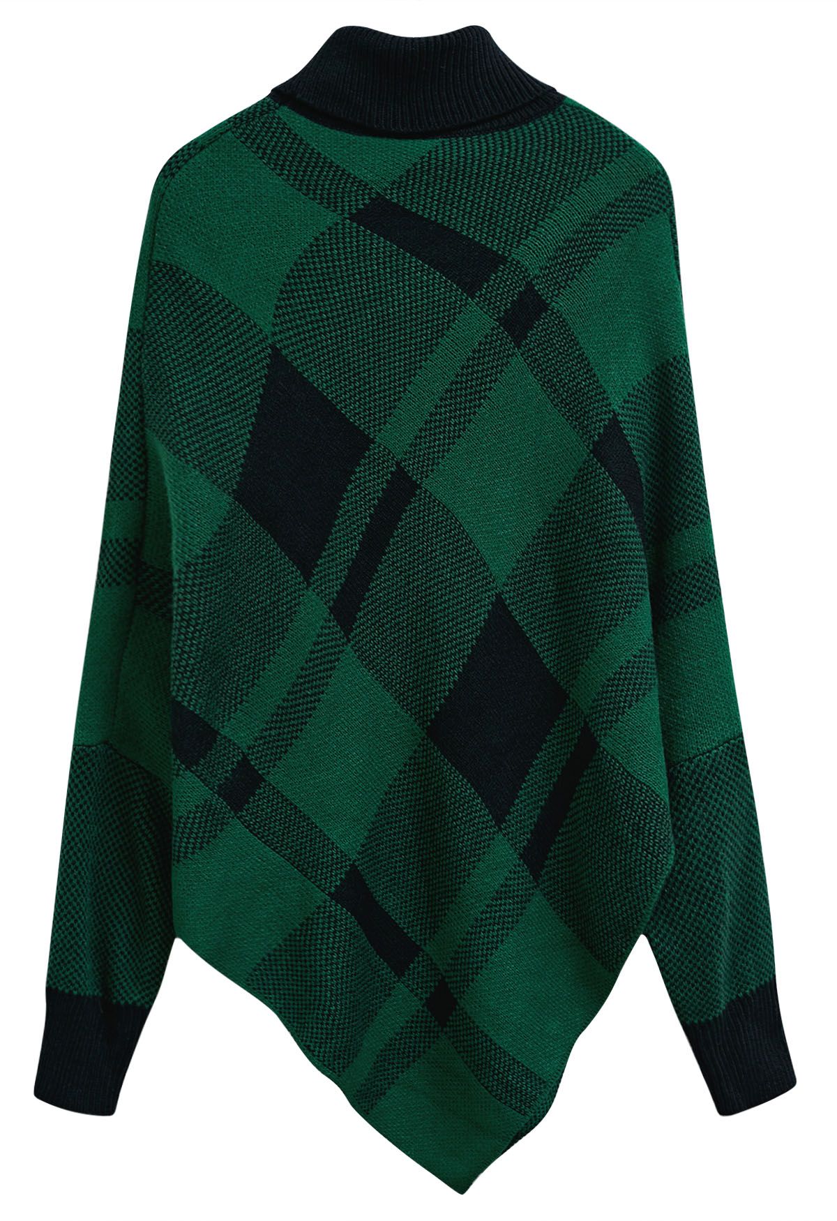 Festive Plaid Turtleneck Knit Poncho in Green