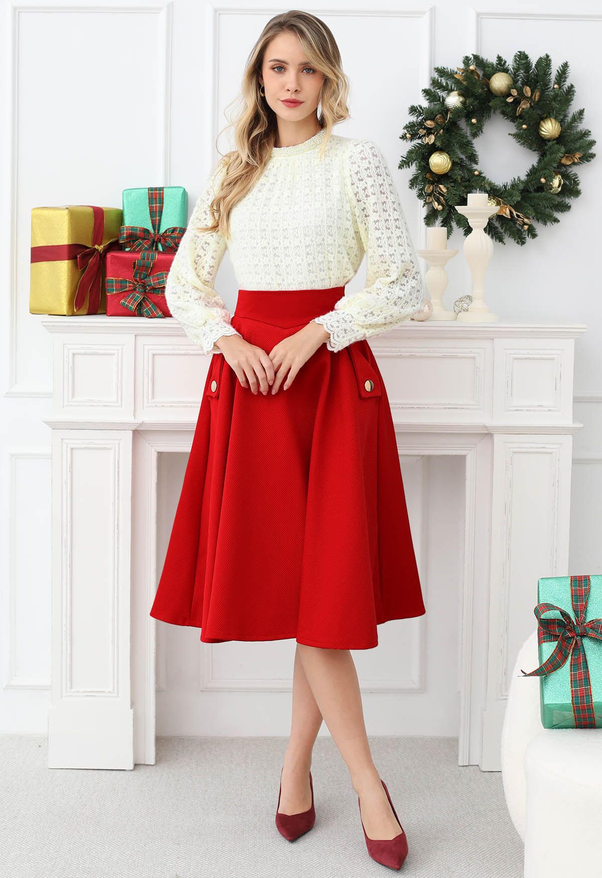 Classic Simplicity A-Line Midi Skirt in Red