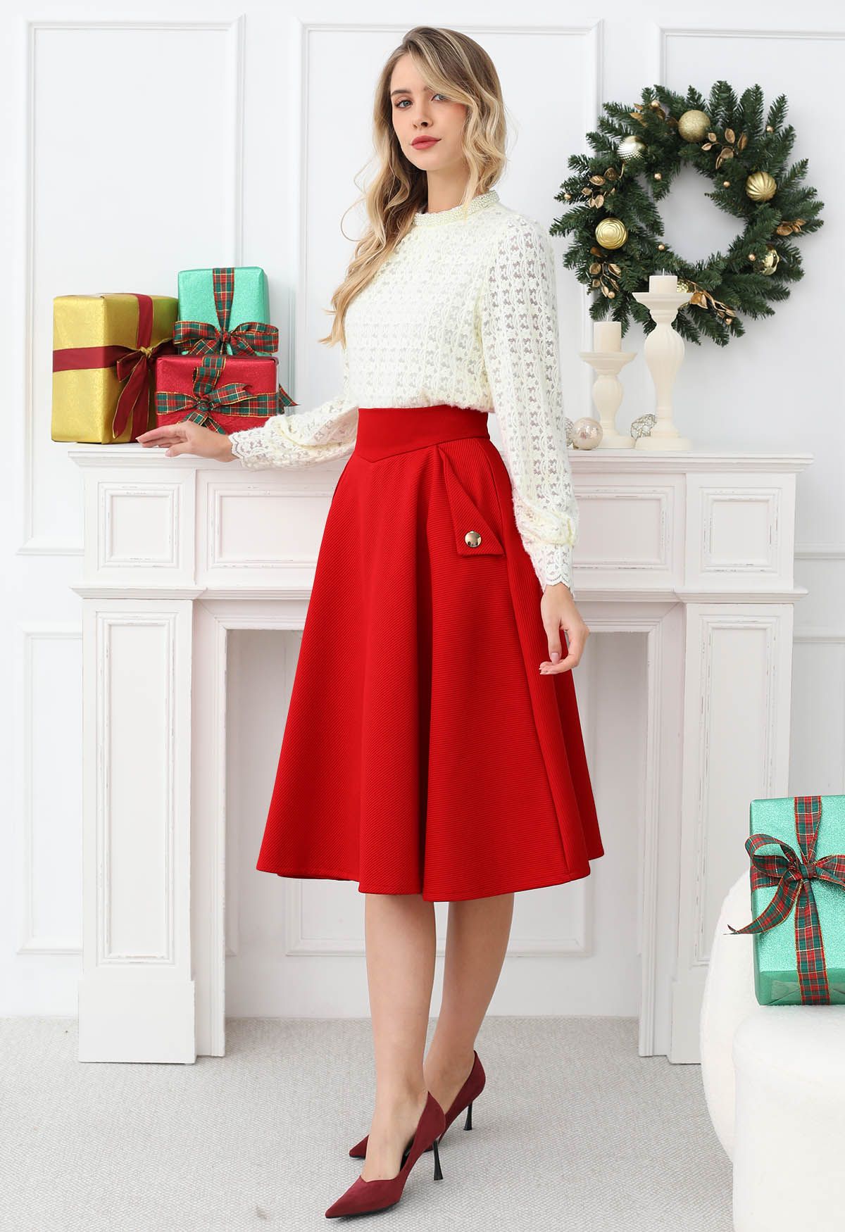 Classic Simplicity A-Line Midi Skirt in Red