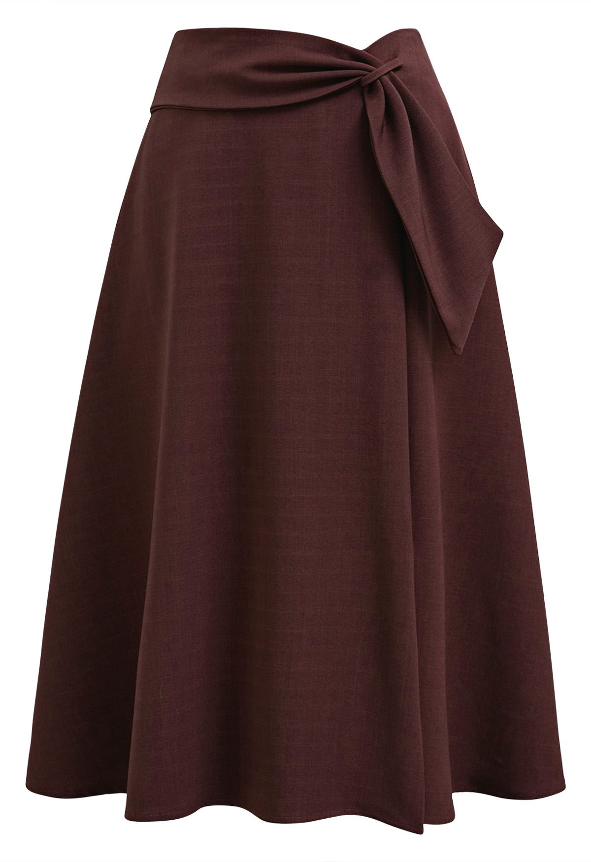 Sash Adorned Split A-Line Midi Skirt in Burgundy