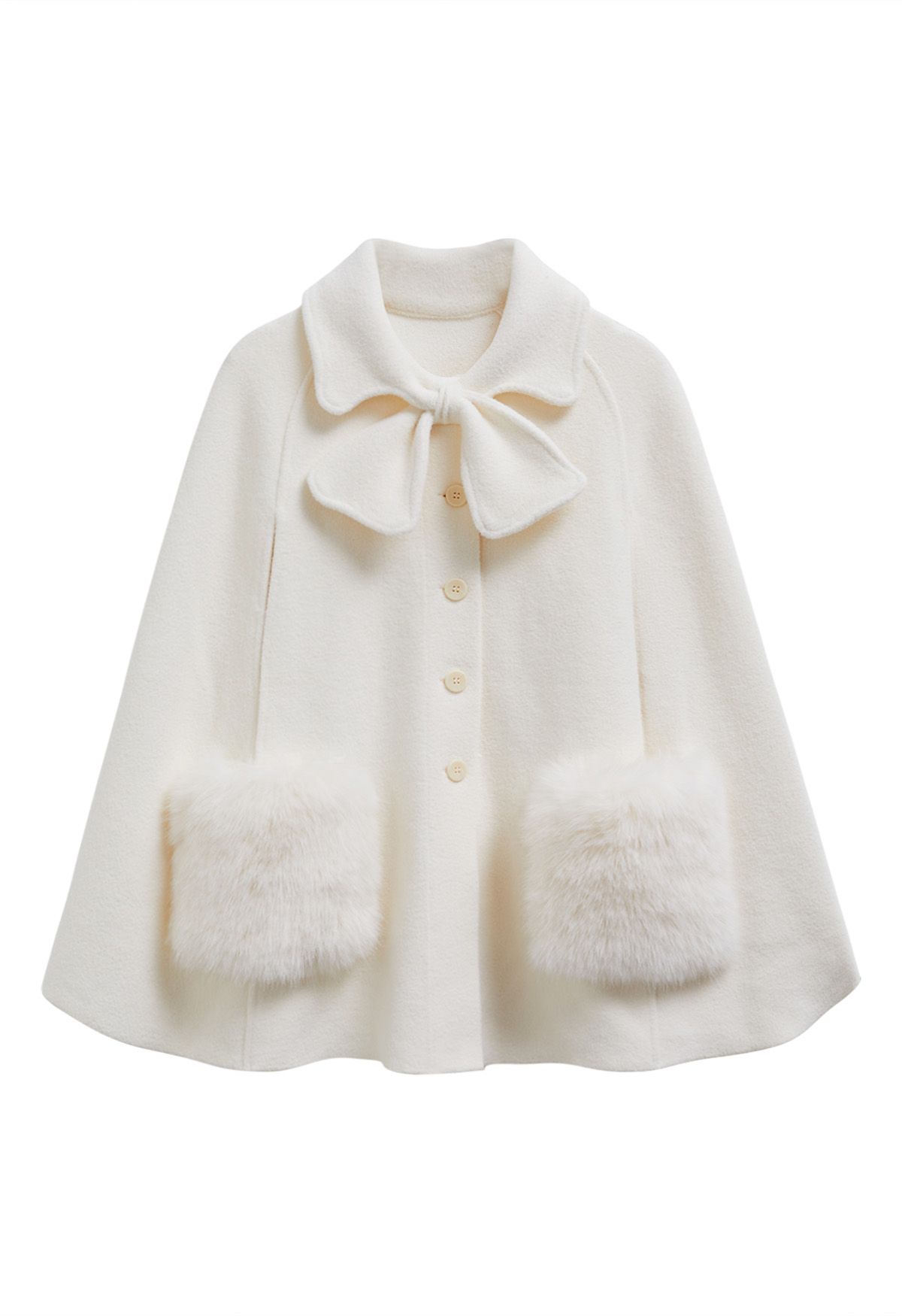 Bowknot Decor Faux Fur Pocket Buttoned Knit Cape Coat in Cream