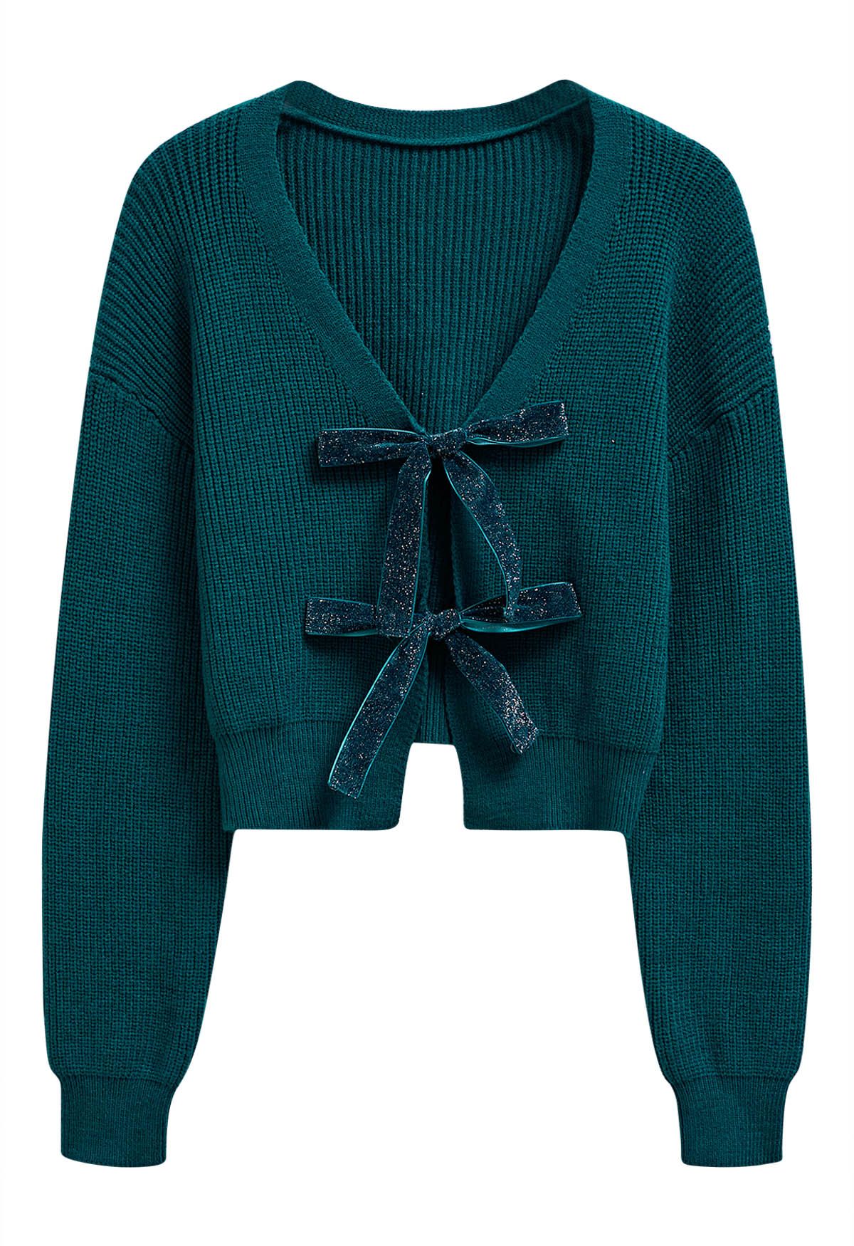 Shimmery Velvet Tie Front Crop Knit Cardigan in Teal