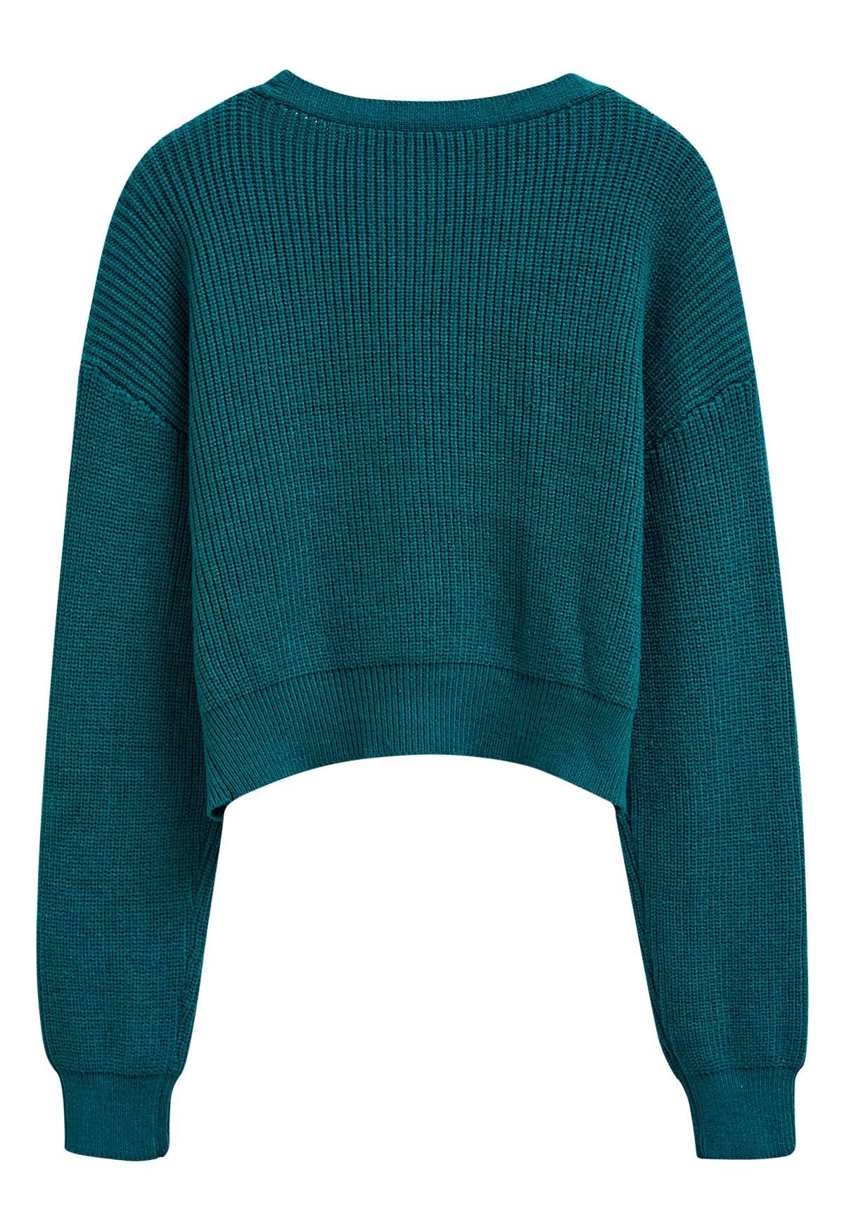 Shimmery Velvet Tie Front Crop Knit Cardigan in Teal