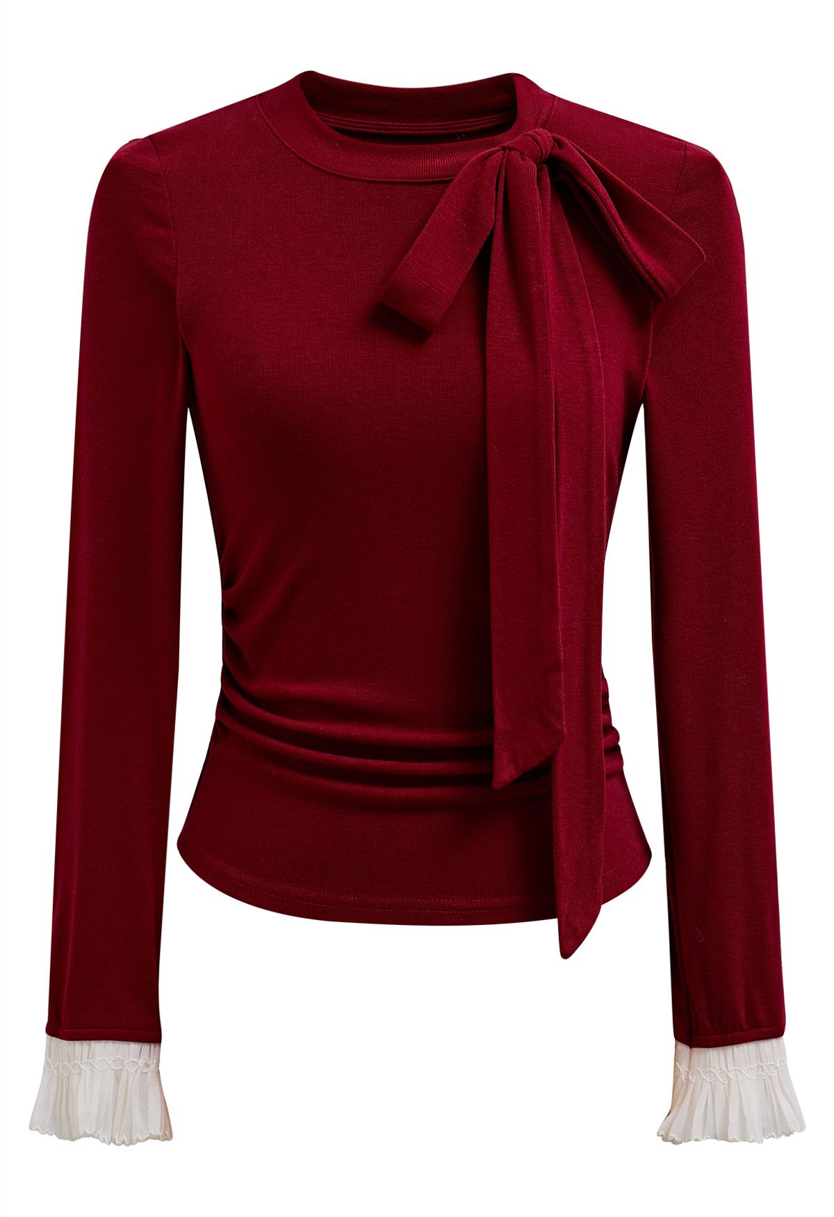 Side Bowknot Spliced Ruffle Cuff Top in Red