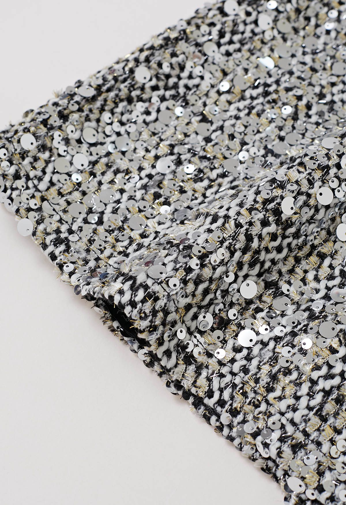 Silver Sequin Embellishment Tweed Mini Skirt