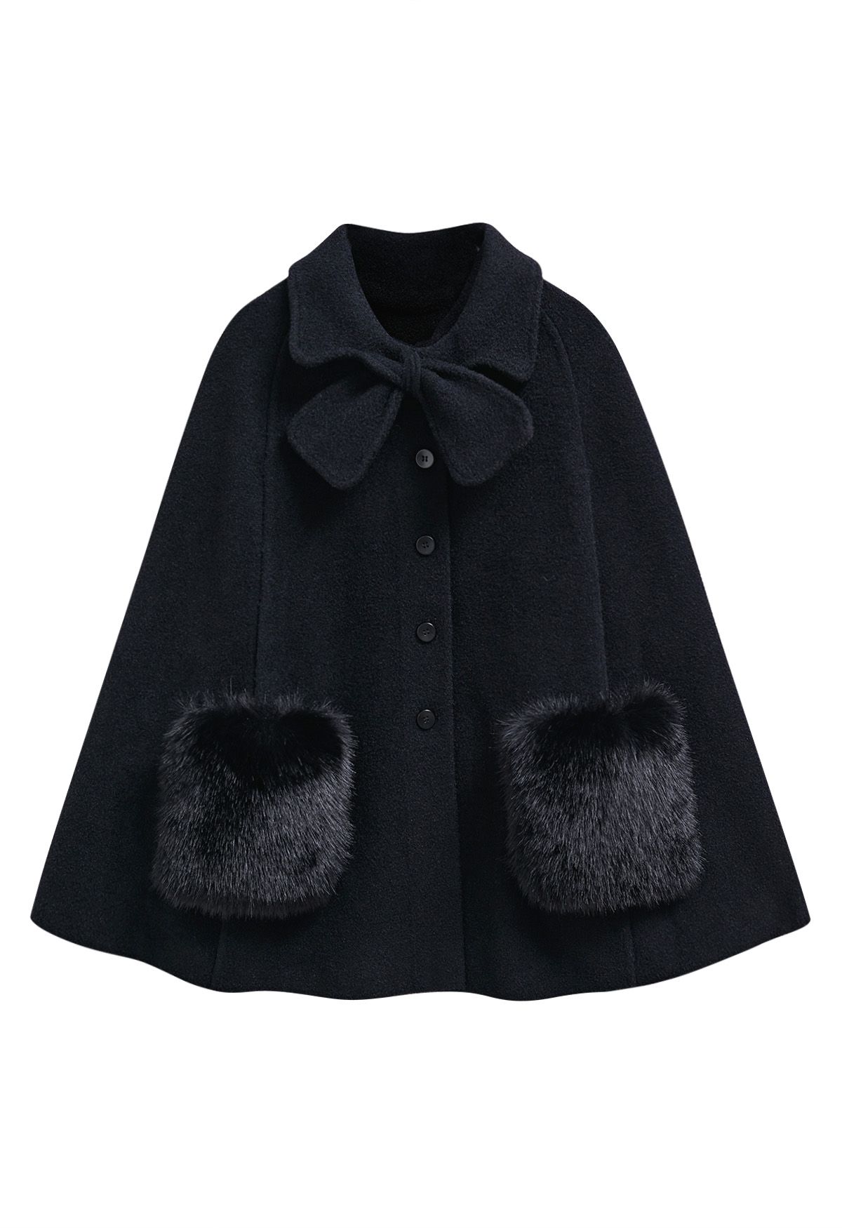 Bowknot Decor Faux Fur Pocket Buttoned Knit Cape Coat in Black