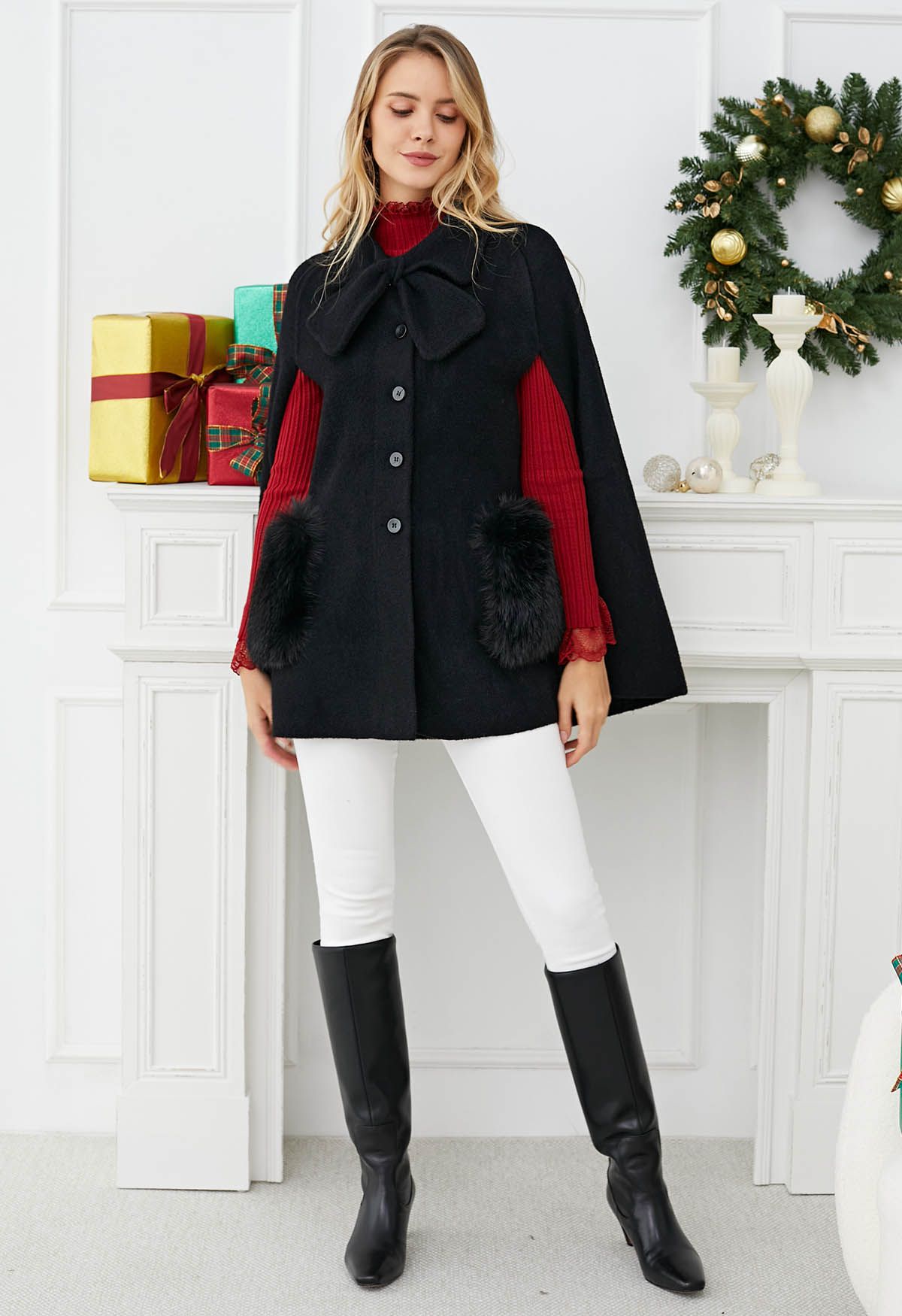 Bowknot Decor Faux Fur Pocket Buttoned Knit Cape Coat in Black