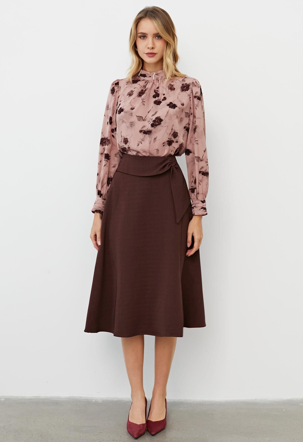 Sash Adorned Split A-Line Midi Skirt in Burgundy