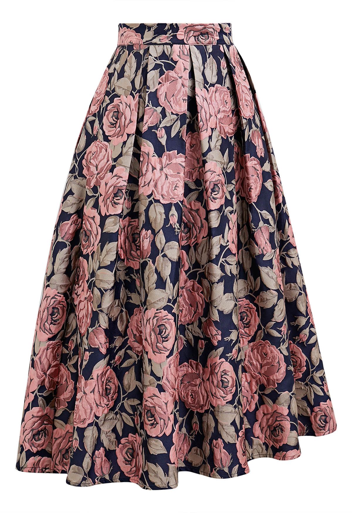 Enchanted Pink Rose Jacquard Pleated Midi Skirt in Navy