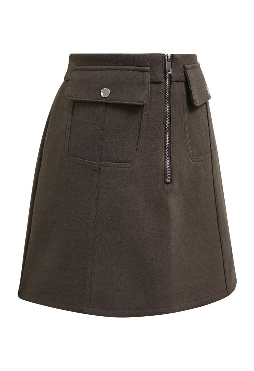 Effortless Charm Flap Pocket Zipper Mini Skirt in Brown