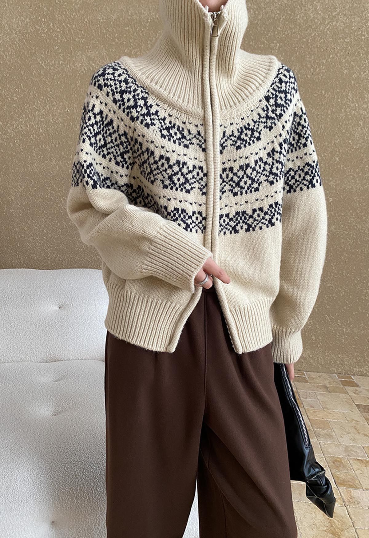 Double-Zip Fair Isle Jacquard Knit Cardigan in Cream