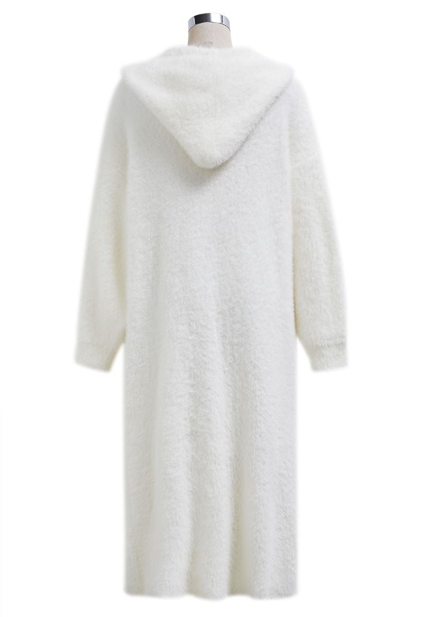 Fluffy Open Front Hooded Longline Knit Cardigan in White