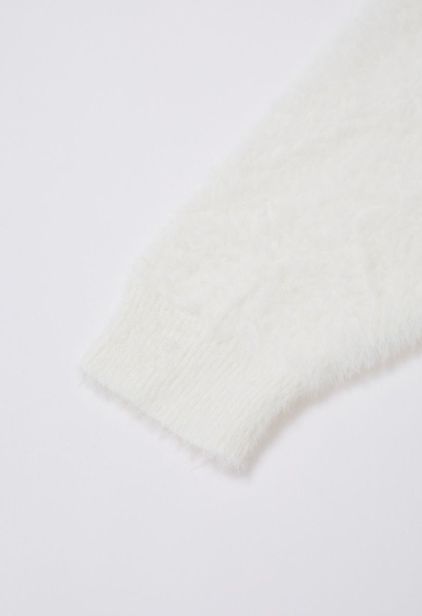 Fluffy Open Front Hooded Longline Knit Cardigan in White